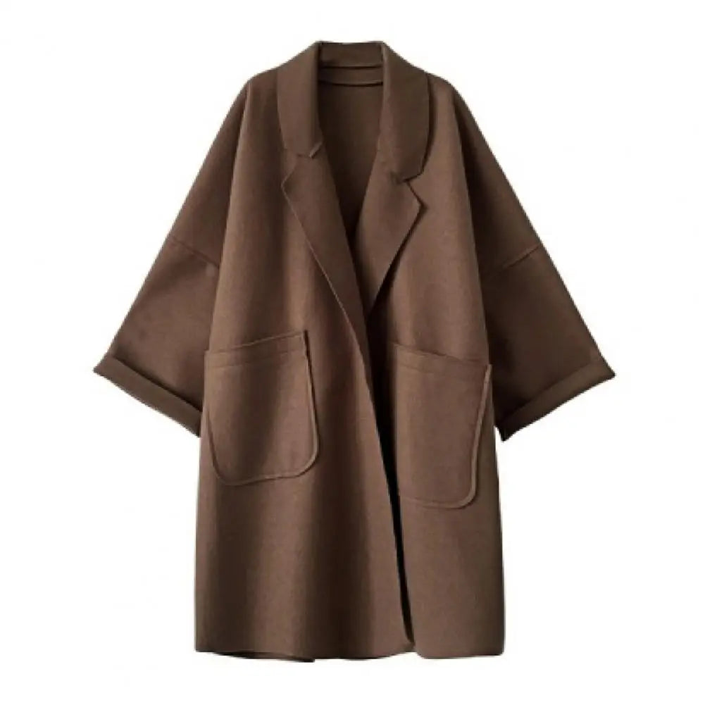 Winter Women Overcoat Thicken Loose Turn-down Collar Long Sleeves Lady Coat Pure Color Cold-proof Pockets Notch Collar Overcoat