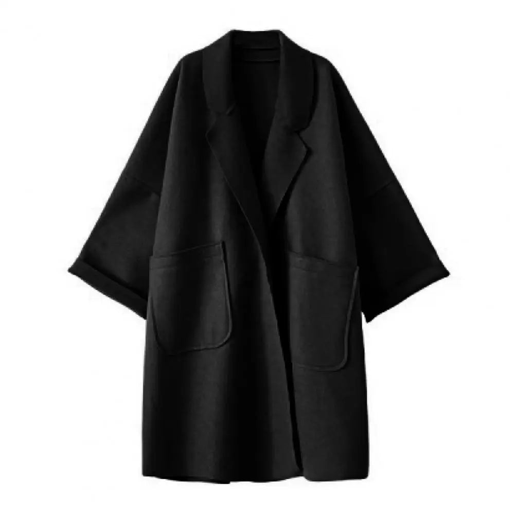 Winter Women Overcoat Thicken Loose Turn-down Collar Long Sleeves Lady Coat Pure Color Cold-proof Pockets Notch Collar Overcoat