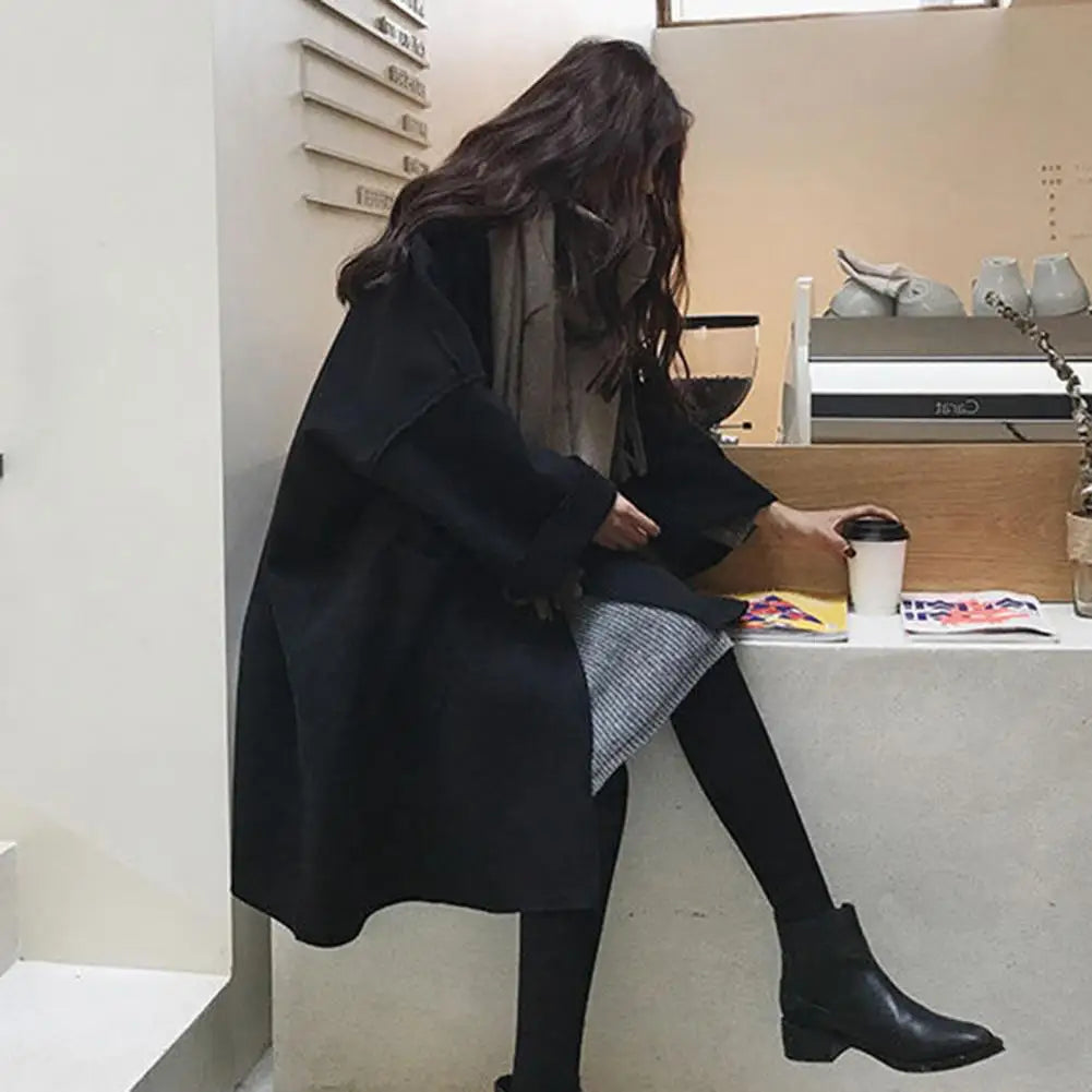 Winter Women Overcoat Thicken Loose Turn-down Collar Long Sleeves Lady Coat Pure Color Cold-proof Pockets Notch Collar Overcoat