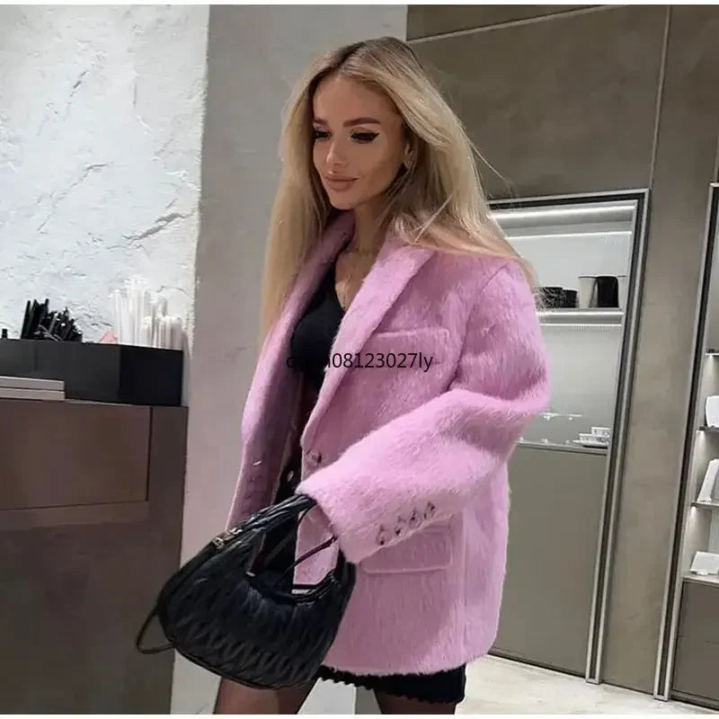 Fashion Lapel Woolen Plush Pink Coats Women Long Sleeves Single Breasted Loose Jackets Autumn Office Lady Pockest Overcoat