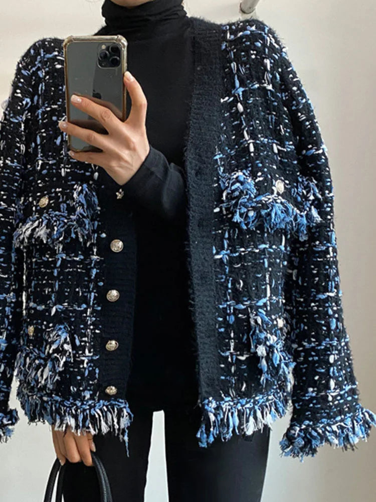 UCXQ New Fashion Tide Tassels Burrs Patchwork Contrast Color V-neck Tweed All-match Jacket Autumn 2025 Casual Loose Women's Coat