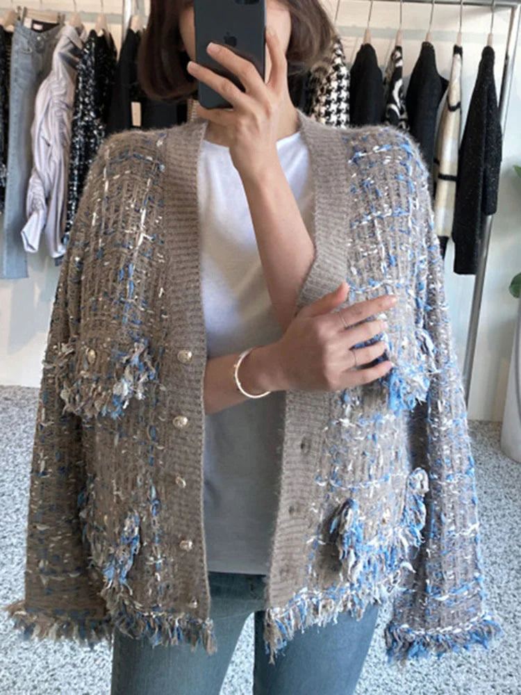 UCXQ New Fashion Tide Tassels Burrs Patchwork Contrast Color V-neck Tweed All-match Jacket Autumn 2025 Casual Loose Women's Coat