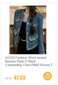 UCXQ New Fashion Tide Tassels Burrs Patchwork Contrast Color V-neck Tweed All-match Jacket Autumn 2025 Casual Loose Women's Coat