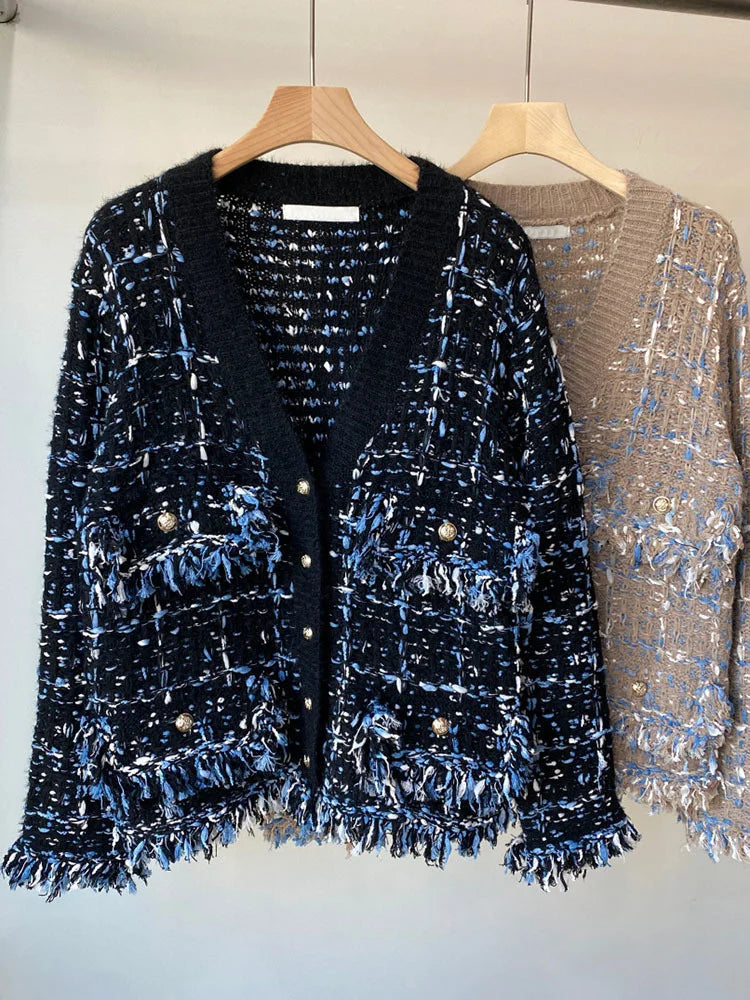 UCXQ New Fashion Tide Tassels Burrs Patchwork Contrast Color V-neck Tweed All-match Jacket Autumn 2025 Casual Loose Women's Coat