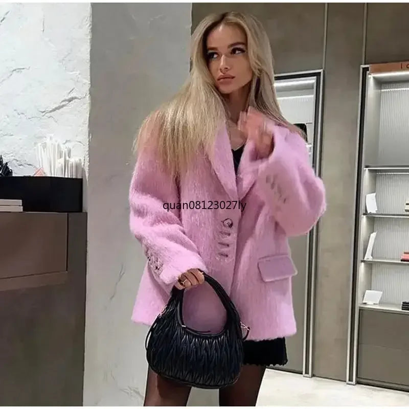 Fashion Lapel Woolen Plush Pink Coats Women Long Sleeves Single Breasted Loose Jackets Autumn Office Lady Pockest Overcoat