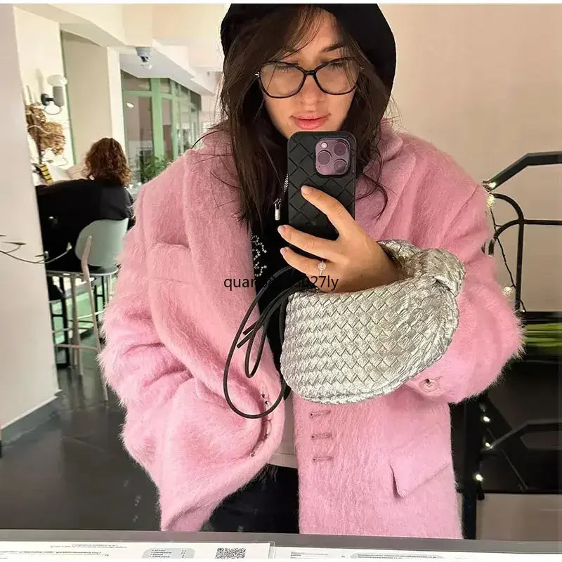 Fashion Lapel Woolen Plush Pink Coats Women Long Sleeves Single Breasted Loose Jackets Autumn Office Lady Pockest Overcoat