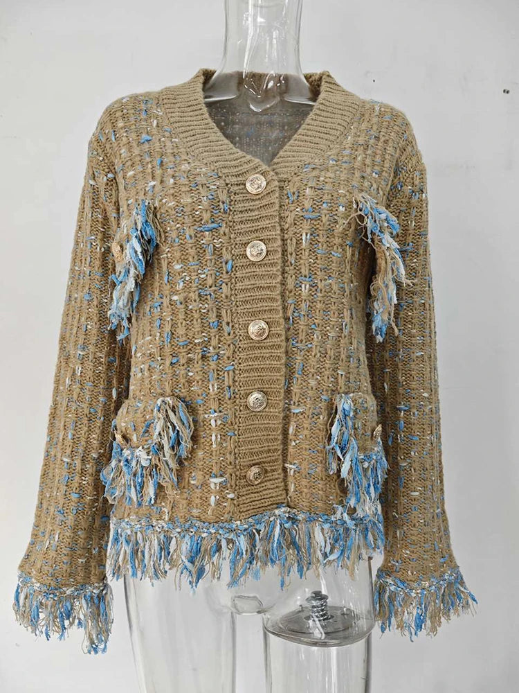 UCXQ New Fashion Tide Tassels Burrs Patchwork Contrast Color V-neck Tweed All-match Jacket Autumn 2025 Casual Loose Women's Coat