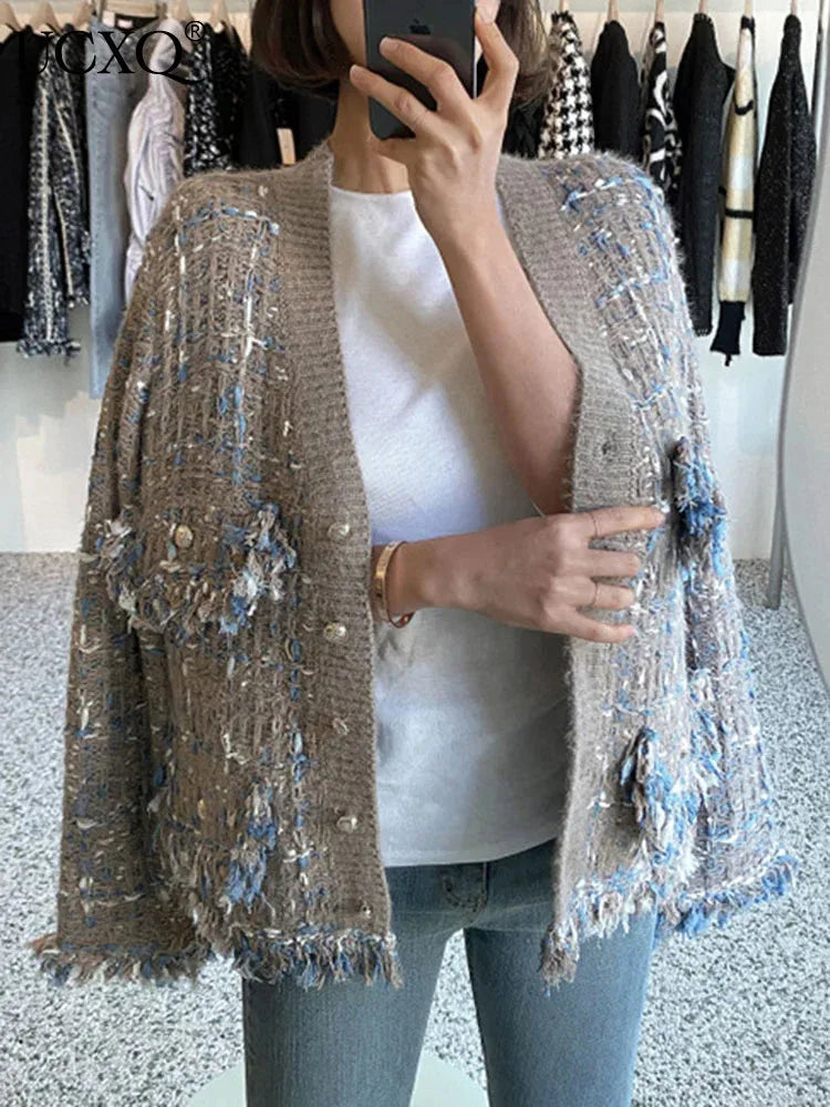 UCXQ New Fashion Tide Tassels Burrs Patchwork Contrast Color V-neck Tweed All-match Jacket Autumn 2025 Casual Loose Women's Coat