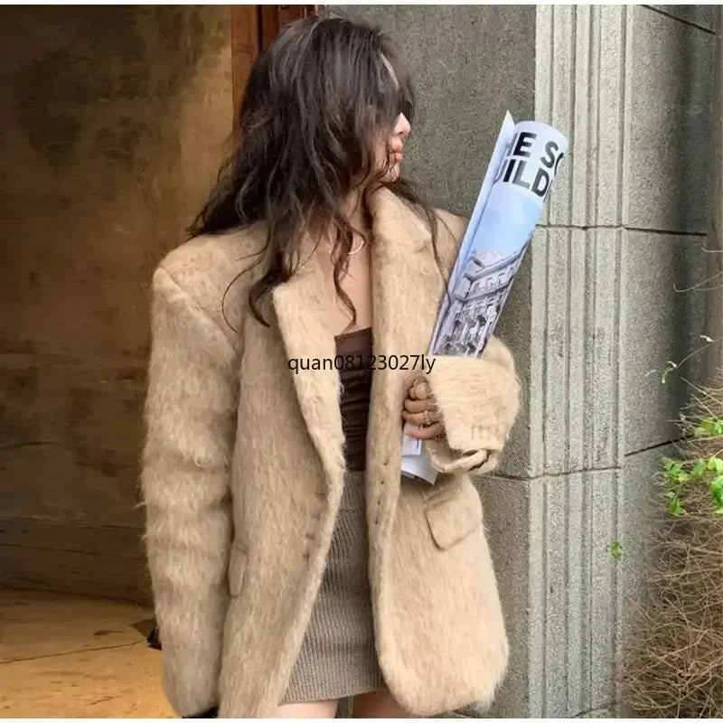 Fashion Lapel Woolen Plush Pink Coats Women Long Sleeves Single Breasted Loose Jackets Autumn Office Lady Pockest Overcoat
