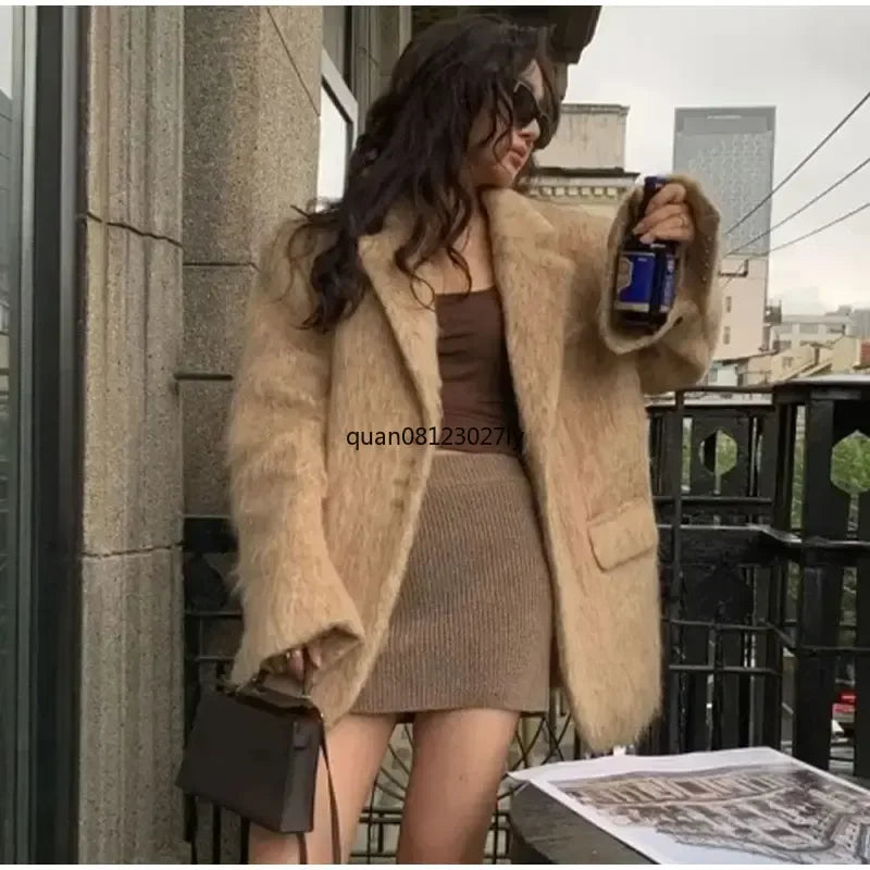 Fashion Lapel Woolen Plush Pink Coats Women Long Sleeves Single Breasted Loose Jackets Autumn Office Lady Pockest Overcoat