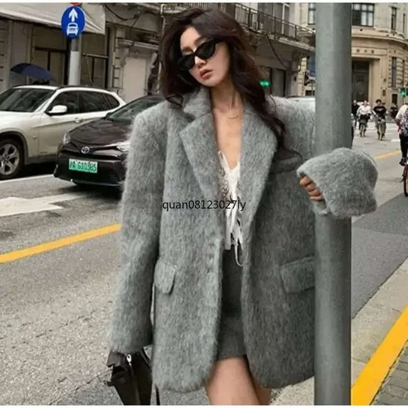 Fashion Lapel Woolen Plush Pink Coats Women Long Sleeves Single Breasted Loose Jackets Autumn Office Lady Pockest Overcoat