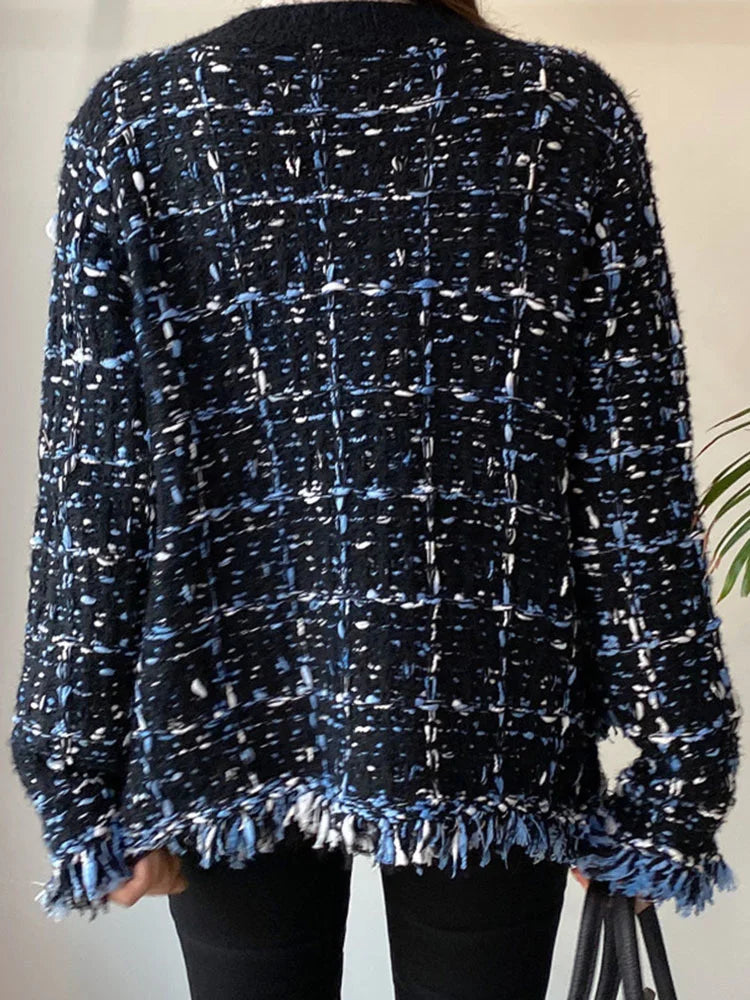 UCXQ New Fashion Tide Tassels Burrs Patchwork Contrast Color V-neck Tweed All-match Jacket Autumn 2025 Casual Loose Women's Coat