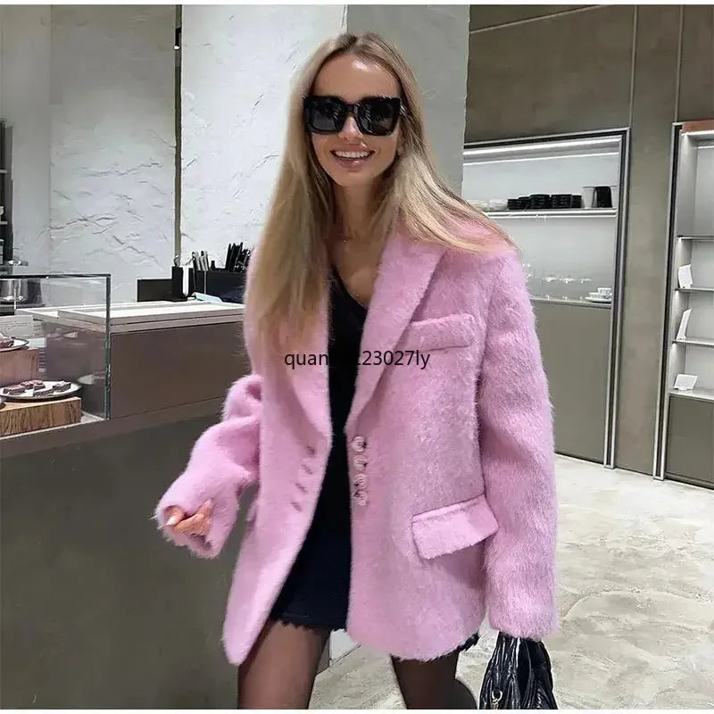 Fashion Lapel Woolen Plush Pink Coats Women Long Sleeves Single Breasted Loose Jackets Autumn Office Lady Pockest Overcoat