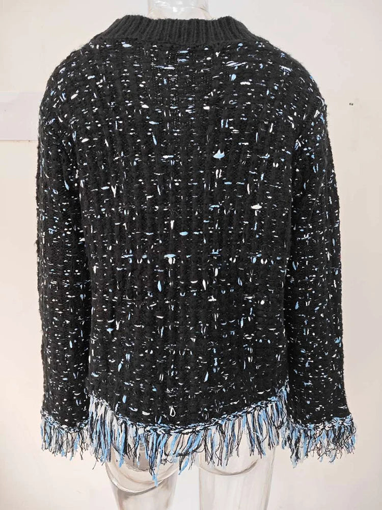 UCXQ New Fashion Tide Tassels Burrs Patchwork Contrast Color V-neck Tweed All-match Jacket Autumn 2025 Casual Loose Women's Coat