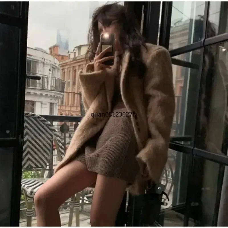 Fashion Lapel Woolen Plush Pink Coats Women Long Sleeves Single Breasted Loose Jackets Autumn Office Lady Pockest Overcoat