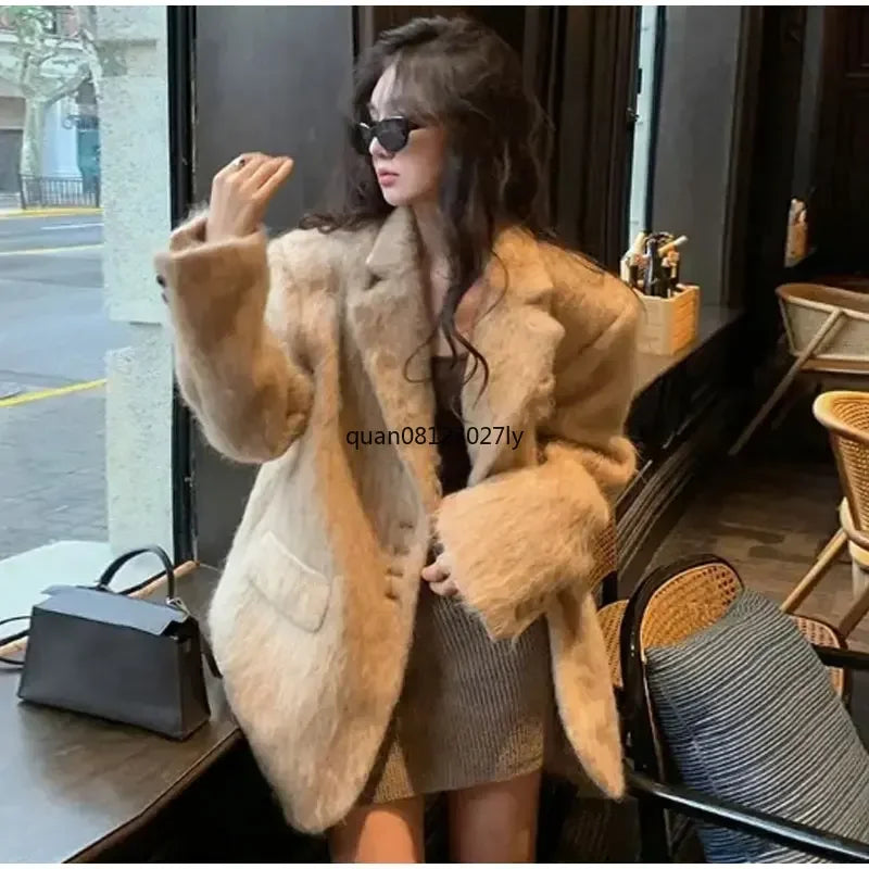 Fashion Lapel Woolen Plush Pink Coats Women Long Sleeves Single Breasted Loose Jackets Autumn Office Lady Pockest Overcoat