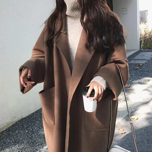 Winter Women Overcoat Thicken Loose Turn-down Collar Long Sleeves Lady Coat Pure Color Cold-proof Pockets Notch Collar Overcoat