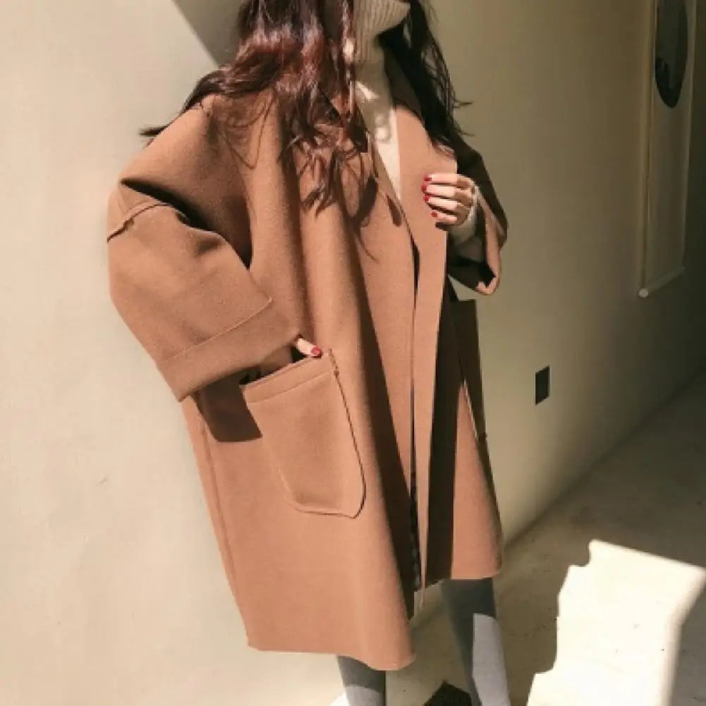 Winter Women Overcoat Thicken Loose Turn-down Collar Long Sleeves Lady Coat Pure Color Cold-proof Pockets Notch Collar Overcoat