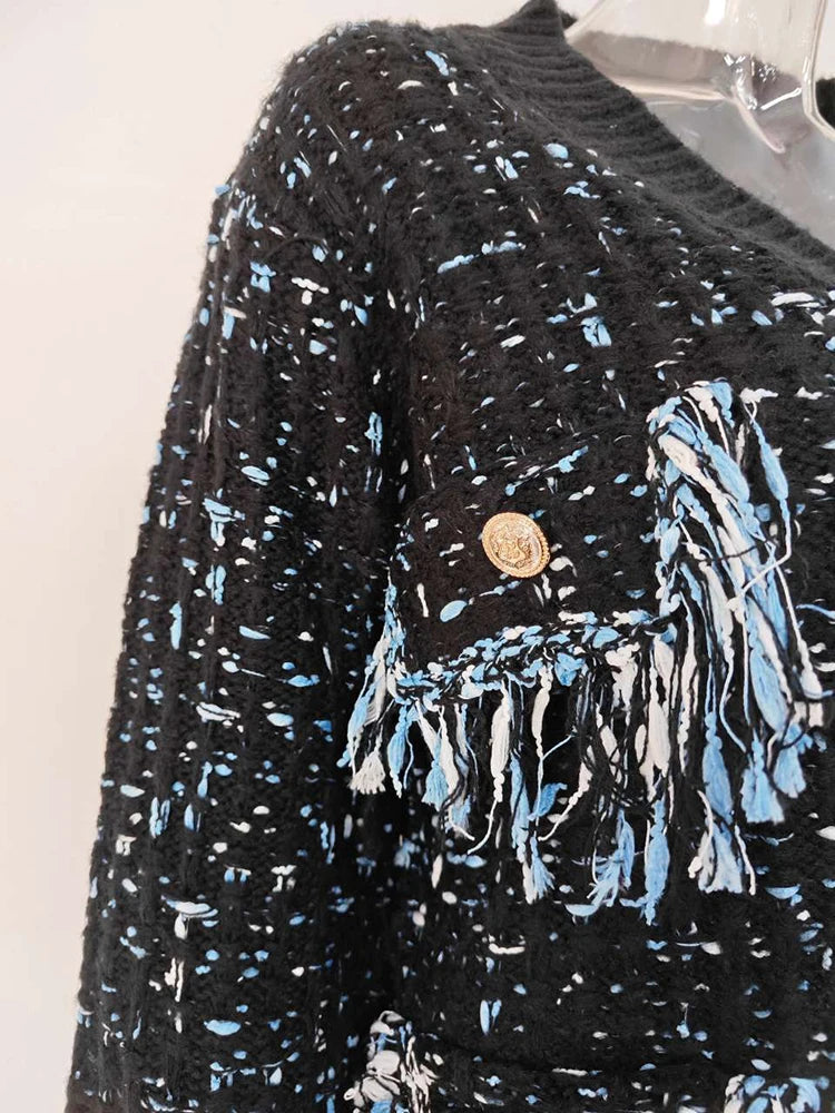 UCXQ New Fashion Tide Tassels Burrs Patchwork Contrast Color V-neck Tweed All-match Jacket Autumn 2025 Casual Loose Women's Coat