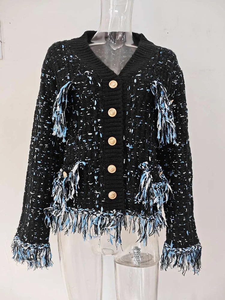 UCXQ New Fashion Tide Tassels Burrs Patchwork Contrast Color V-neck Tweed All-match Jacket Autumn 2025 Casual Loose Women's Coat