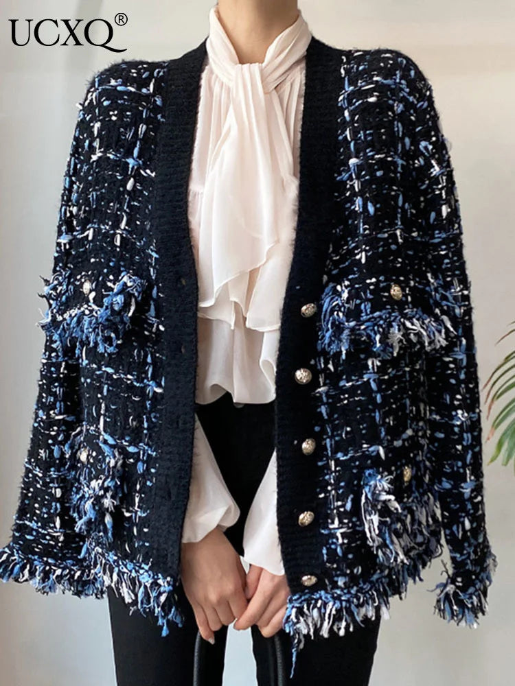 UCXQ New Fashion Tide Tassels Burrs Patchwork Contrast Color V-neck Tweed All-match Jacket Autumn 2025 Casual Loose Women's Coat