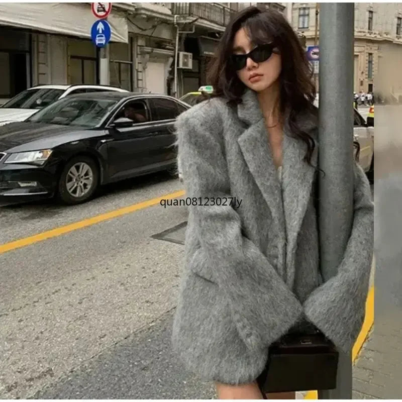 Fashion Lapel Woolen Plush Pink Coats Women Long Sleeves Single Breasted Loose Jackets Autumn Office Lady Pockest Overcoat