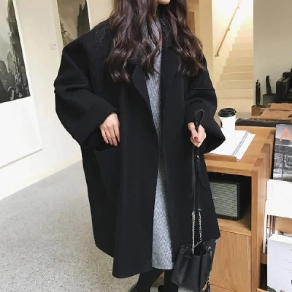 Winter Women Overcoat Thicken Loose Turn-down Collar Long Sleeves Lady Coat Pure Color Cold-proof Pockets Notch Collar Overcoat