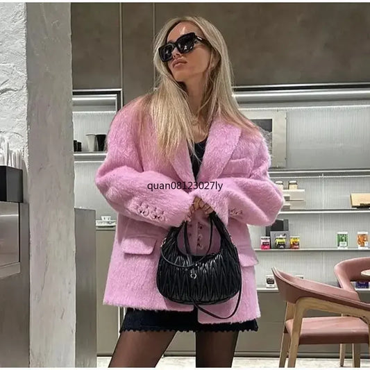 Fashion Lapel Woolen Plush Pink Coats Women Long Sleeves Single Breasted Loose Jackets Autumn Office Lady Pockest Overcoat