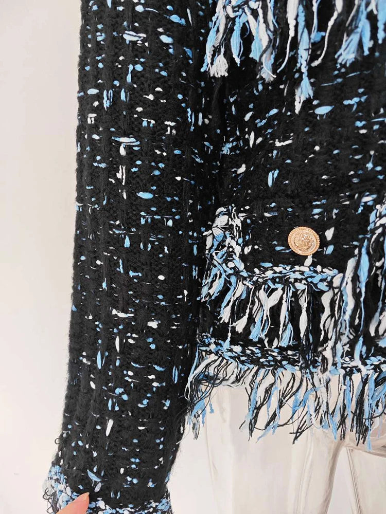 UCXQ New Fashion Tide Tassels Burrs Patchwork Contrast Color V-neck Tweed All-match Jacket Autumn 2025 Casual Loose Women's Coat